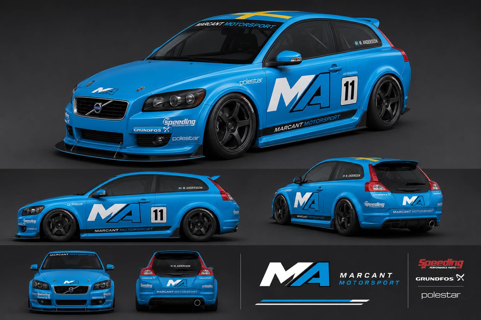 MarcAnt Motorsport Volvo C30 T5 i Polestar-blå design — fram, sida och bak